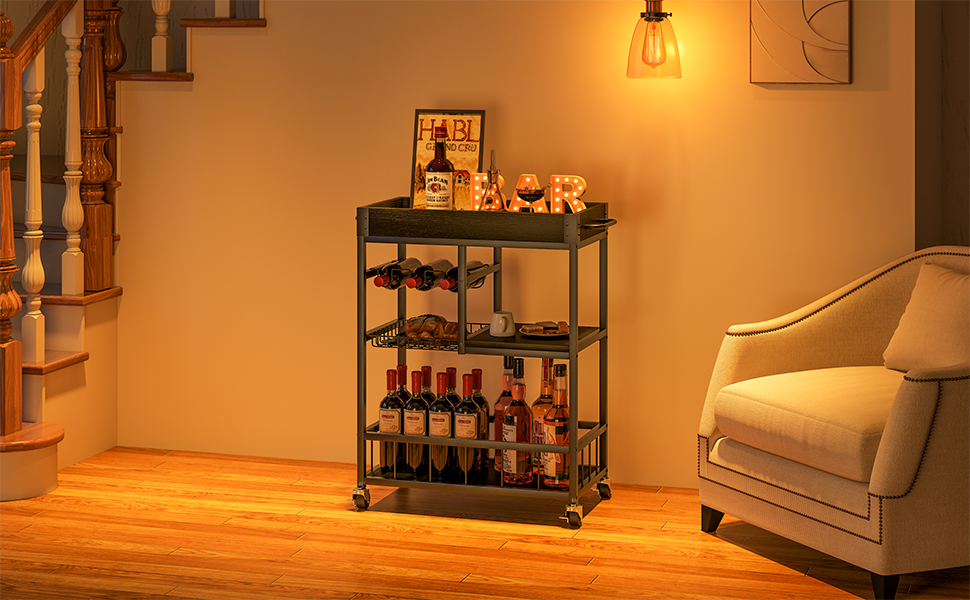 Сервізний візок Huhote з полицею для вина, барний візок, візок для напоїв, візок на колесах, візок для вина в їдальню, кухню, вітальню, бар, вечірку, з імітацією дерева (чорний, металевий кошик)