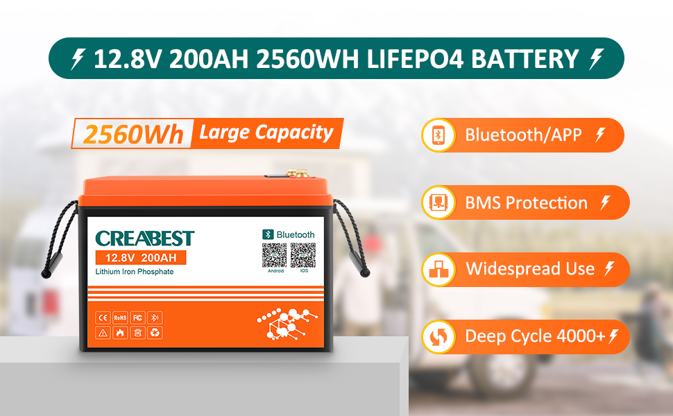 Акумулятор 12V 200Ah CREABEST LiFePO4, інтегрований BMS, Bluetooth, 2560 Вт, для автофургону, сонячної системи, поза мережею