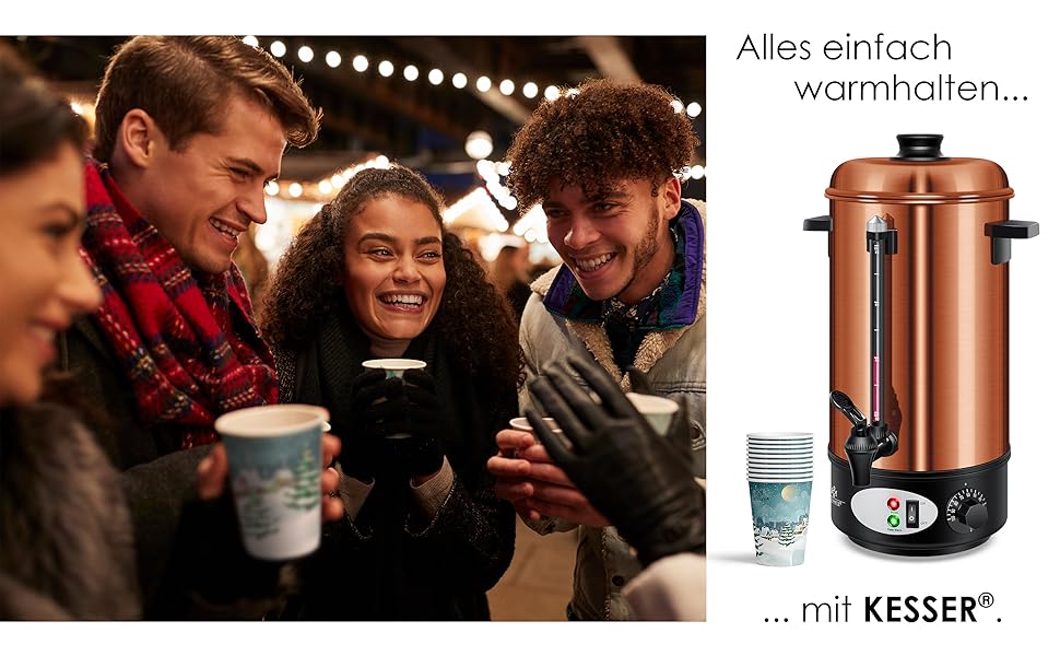KESSER® Глювайновий котел 8л з нержавіючої сталі, 10 склянок, термостат, автомат для глінтвейну, гарячих напоїв, чайник, дозатор гарячої води, автоклав, індикатор рівня, кран, сріблястий