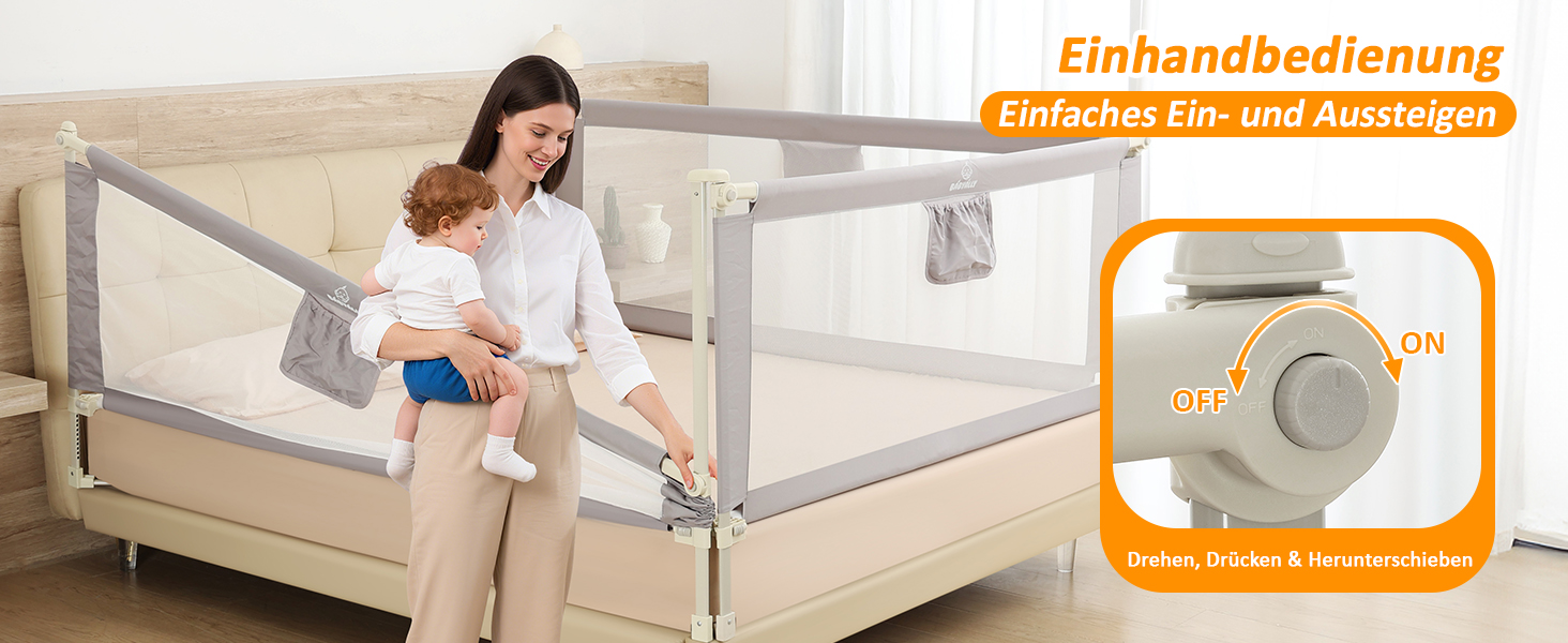 Бортики для ліжка дитячі 3 шт., захисні грати на ліжко для малюків (2x200 см + 1x180 см), сірі, складані