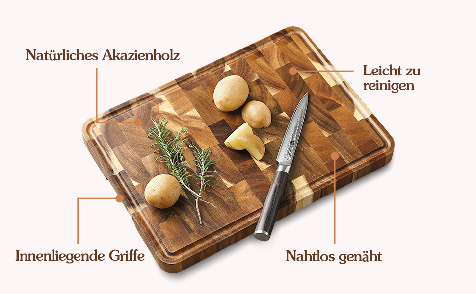 Дерев'яний обробний дошка XINZUO з акації (35x25x2.6 см) - обробна дошка для кухні з антиковзкими ніжками, ручкою та канавкою для соку, практичний аксесуар для кухні