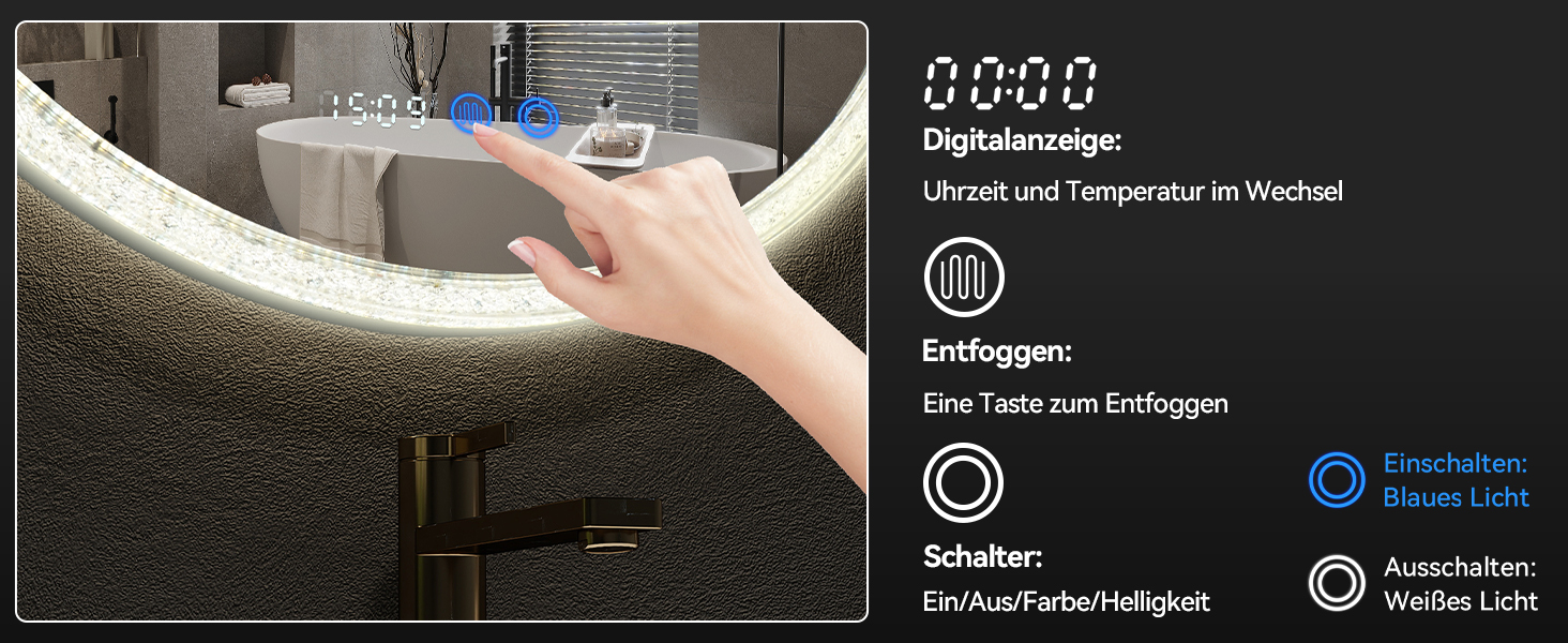 Дзеркало для ванної кімнати YOURLITE з підсвічуванням, діаметр 60 см, LED, 3 кольори, регулювання яскравості, сенсорна кнопка, антизапар, пам'ять, IP44, срібний