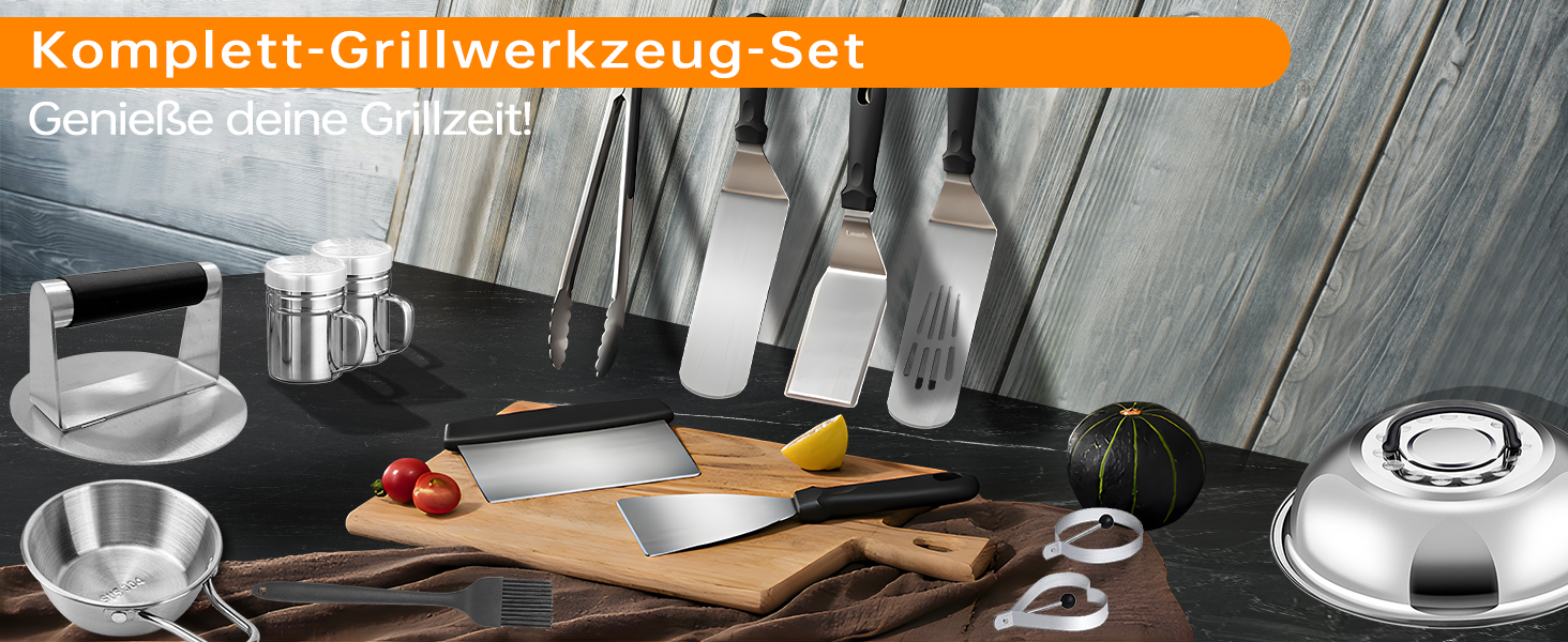 Набір гриль-посуду 19 предметів: аксесуари для гриля, прес для бургерів, лопатка, дзвоник, посуд для тепаньякі та гриля, нержавіюча сталь