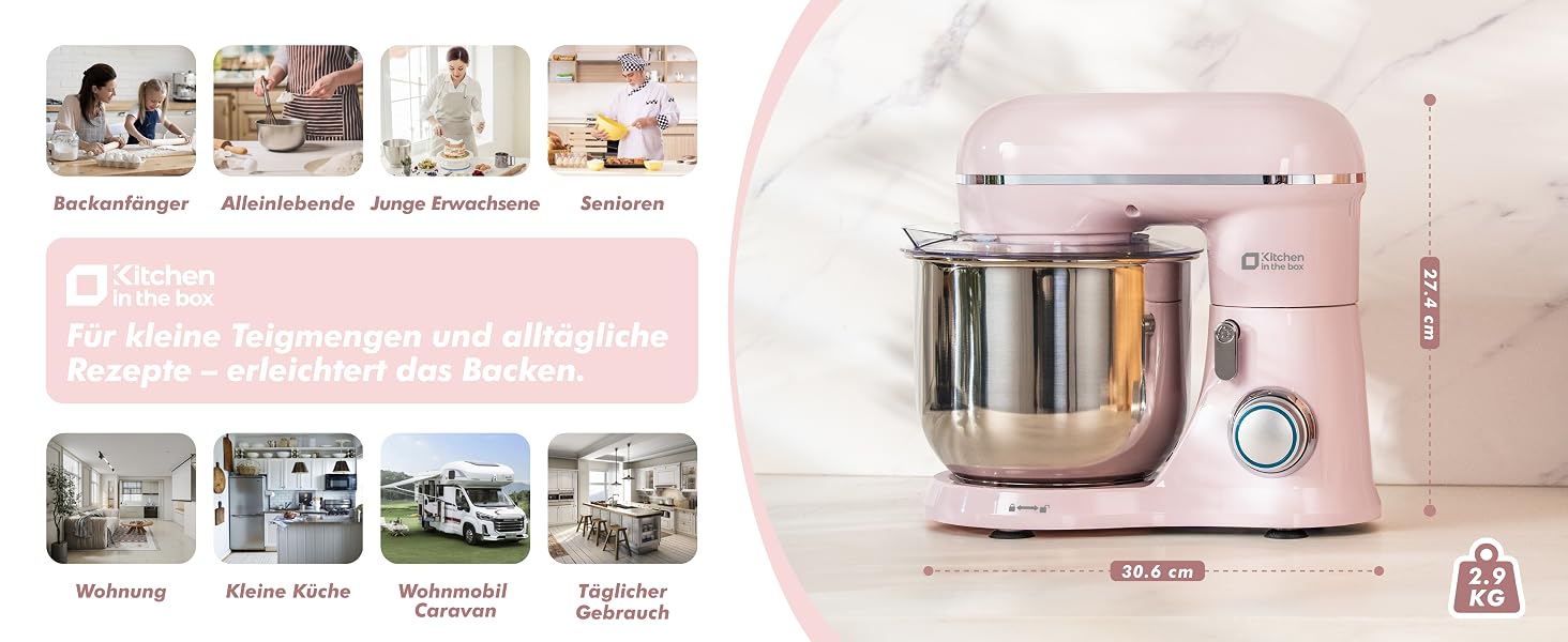Кухонний комбайн Kitchen in the box Kompakte — планетарний міксер та тістоміс 3.5 л, 10 швидкостей, набір насадок (гак, вінчик, міксер), рожевий