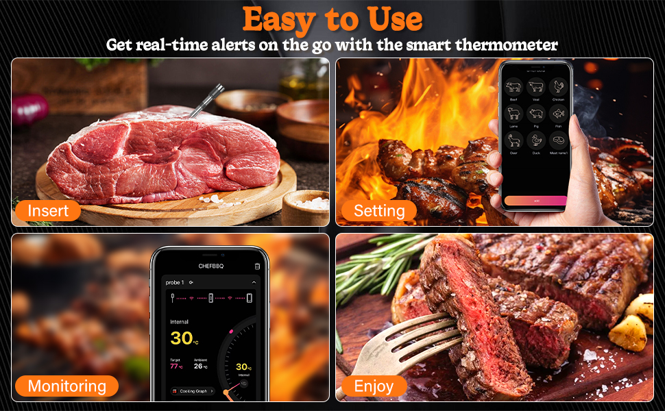 Бездротовий набір термометрів для м'яса (4 шт.) з Bluetooth, водонепроникні (IP67), для приготування на грилі, в духовці, мангалі, ротатерії, фритюрниці