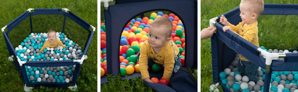 Шестигранний дитячий манеж з 100 кульок, сірий:білий/сірий/пудрово-рожевий. Манеж для ігор з кульками, сірий:білий/сірий/пудрово-рожевий. (Без кульок, світло-зелені)