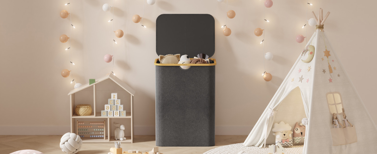 Кошик для білизни Lifewit 150L з кришкою, сортувальник для білизни з 3 відділеннями, велика коробка для білизни, сірий