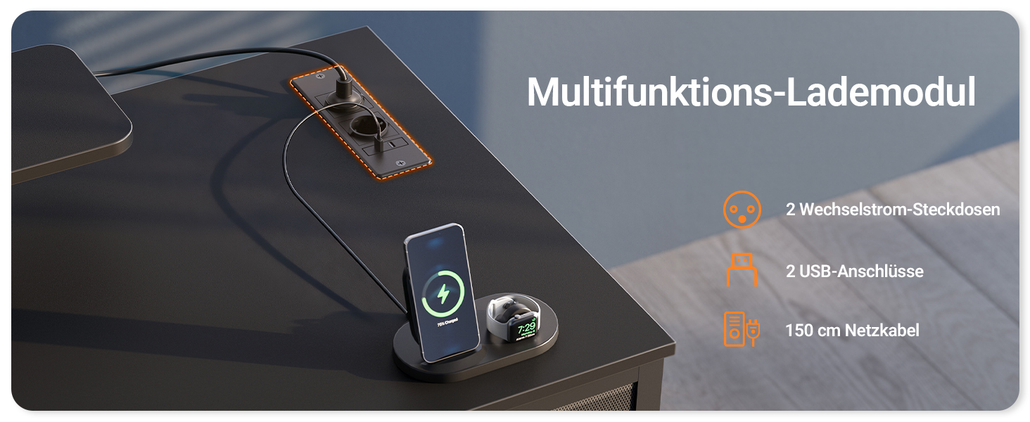 Комп'ютерний стіл Claiks з 3 шухлядами, полицею, 2 розетками та 2 USB-портами для зарядки, білий (120 x 60 см), чорний