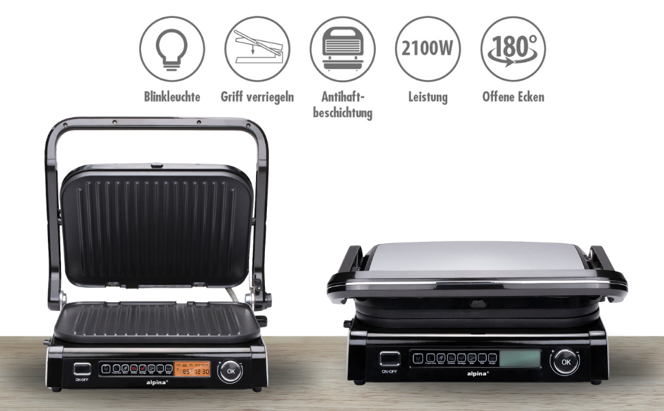 Контактний гриль Alpina Optigrill 2100W: гриль для сендвічів, паніні та овочів з антипригарним покриттям та інтелектуальним режимом приготування