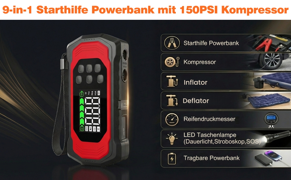 Пусковий пристрій (бустер) 9000A з компресором 150 PSI, 9-в-1 Powerbank для авто (бензин та дизель до 14л), 12V Jump Starter з електричним насосом та швидкою зарядкою 30W