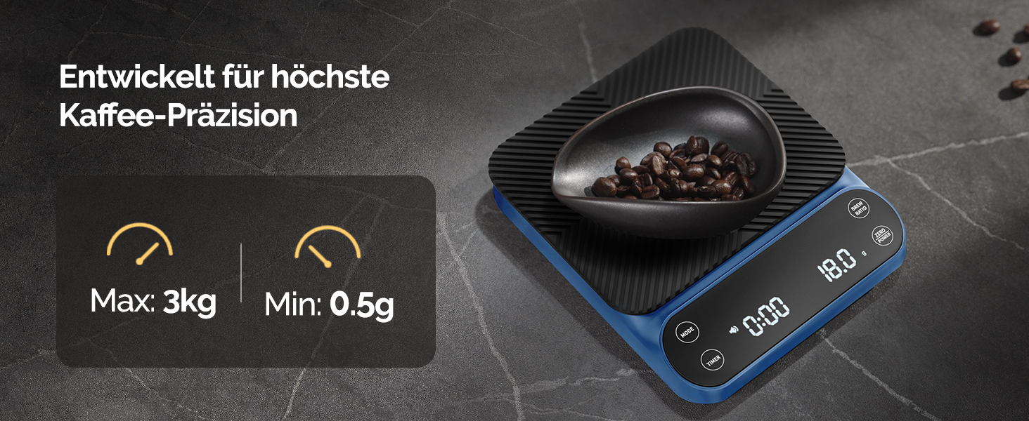 Ваги для кави Maestri House S3 з таймером, 3 кг/0,1 г, перезаряджувані, цифрові, для еспресо, з 3 режимами заварювання, регульованими пропорціями та індикатором потоку, для Pour Over, French Press (блакитні)