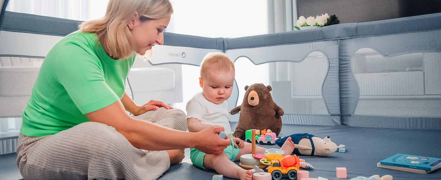 Дитячий манеж LIONELO WILLOW Beige XL, 187x207x68 см - велика площа, сітчасті стінки