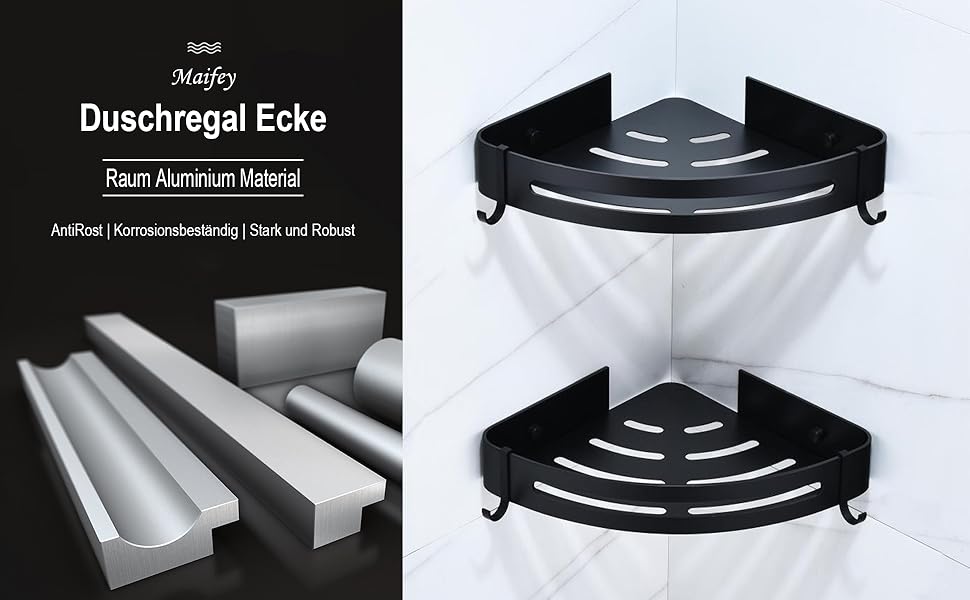 Душова полиця чорна, настінна металева полиця для ванної без свердління, кутова полиця з гачками, антикорозійна, 2 шт., матова