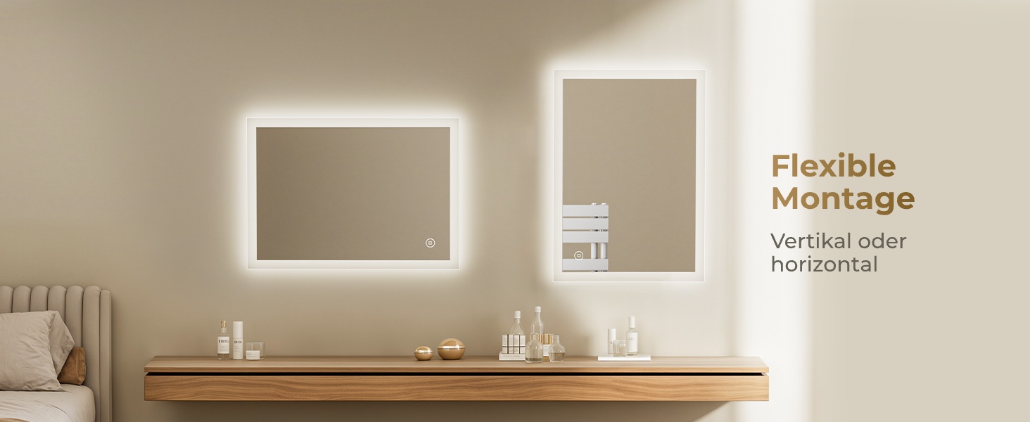 Дзеркало для ванної кімнати з підсвічуванням LED 80x60 см, регульоване, з протитуманним покриттям, вертикальна/горизонтальна установка, 3 кольори світла (3000K/4000K/6500K)