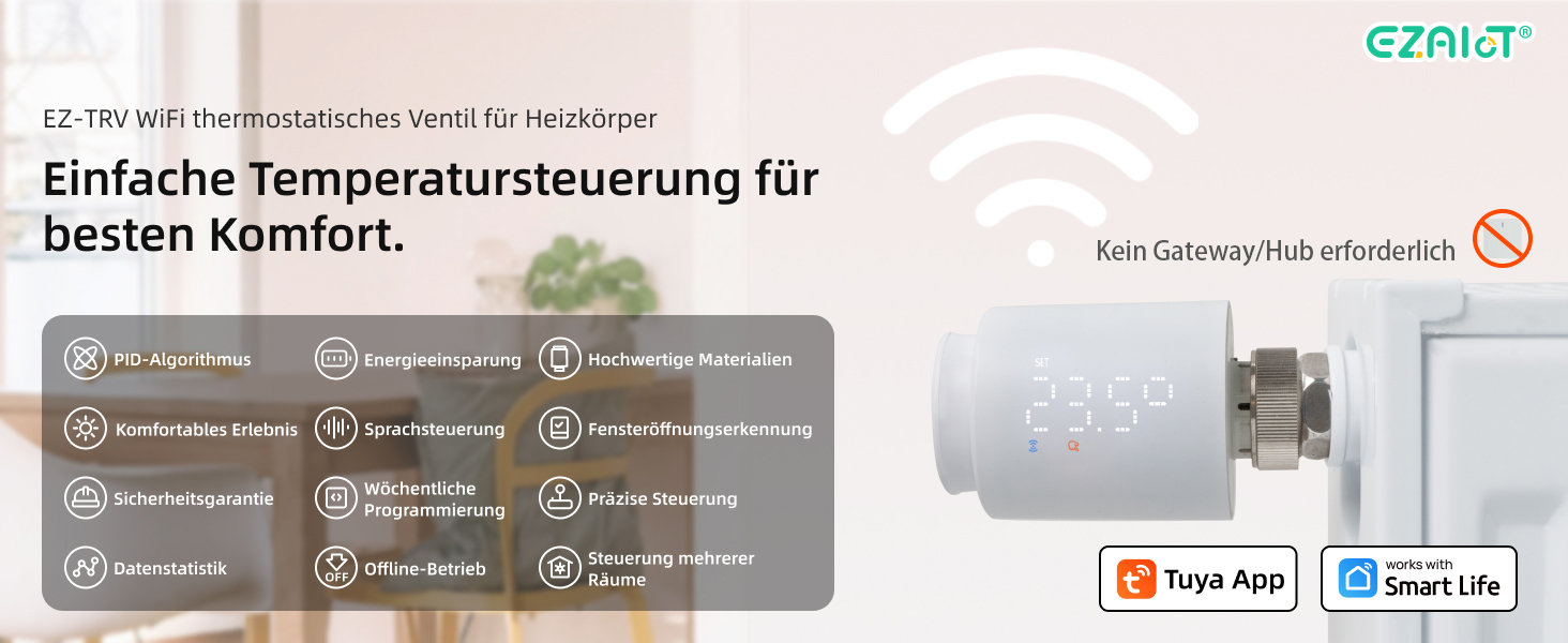 Розумний термостат на радіатор Wi-Fi Tuya EZ-TRV702W з програмуванням, датчиком температури та керуванням через додаток