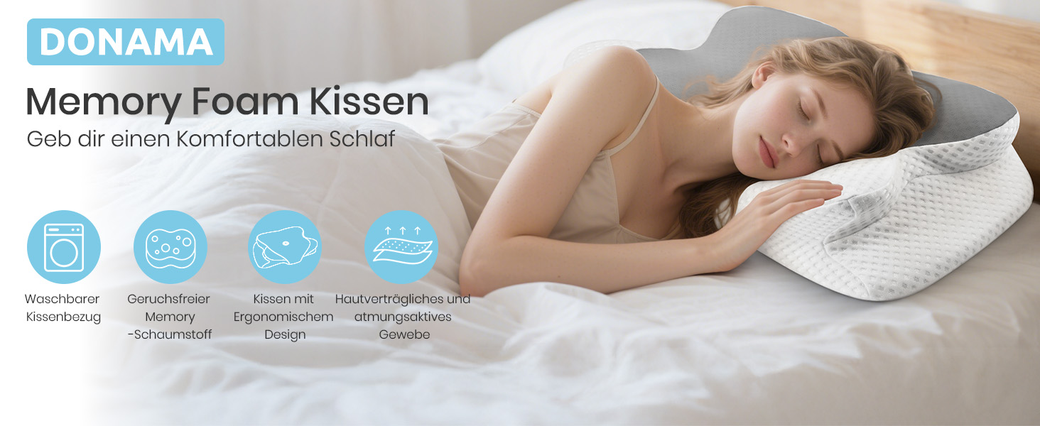 Подушка для шиї Donama з піною з пам'яті, подушка для сну на бік, спину та живіт (світло-сіра, 62 x 37 x 12 см)