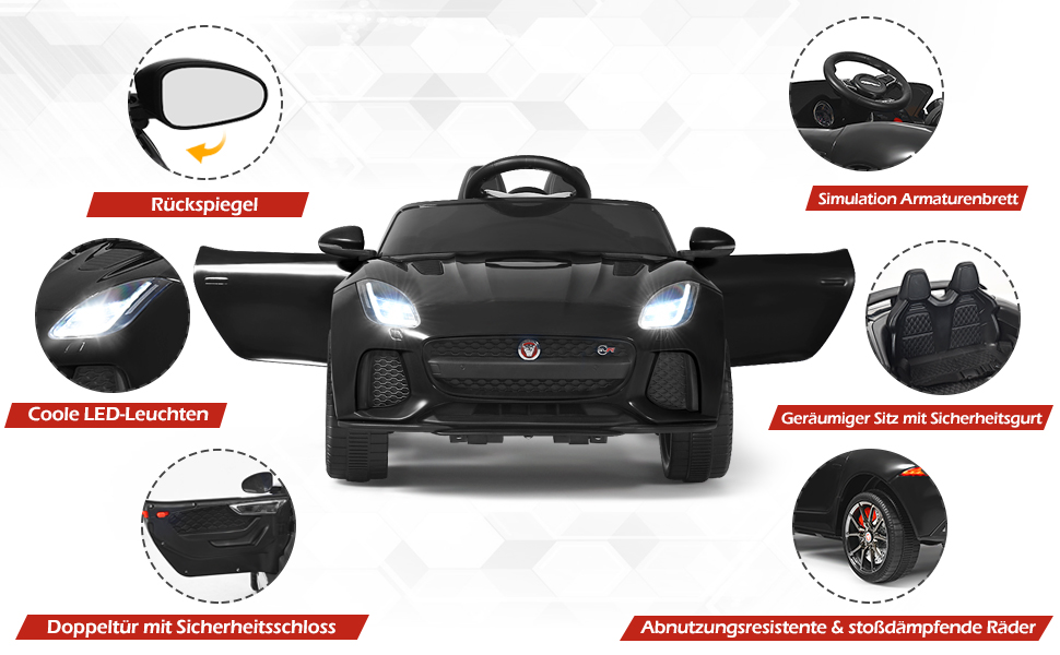 Дитячий електромобіль Jaguar COSTWAY 12V з пультом, музикою та підсвічуванням, чорний, для дітей від 3 років