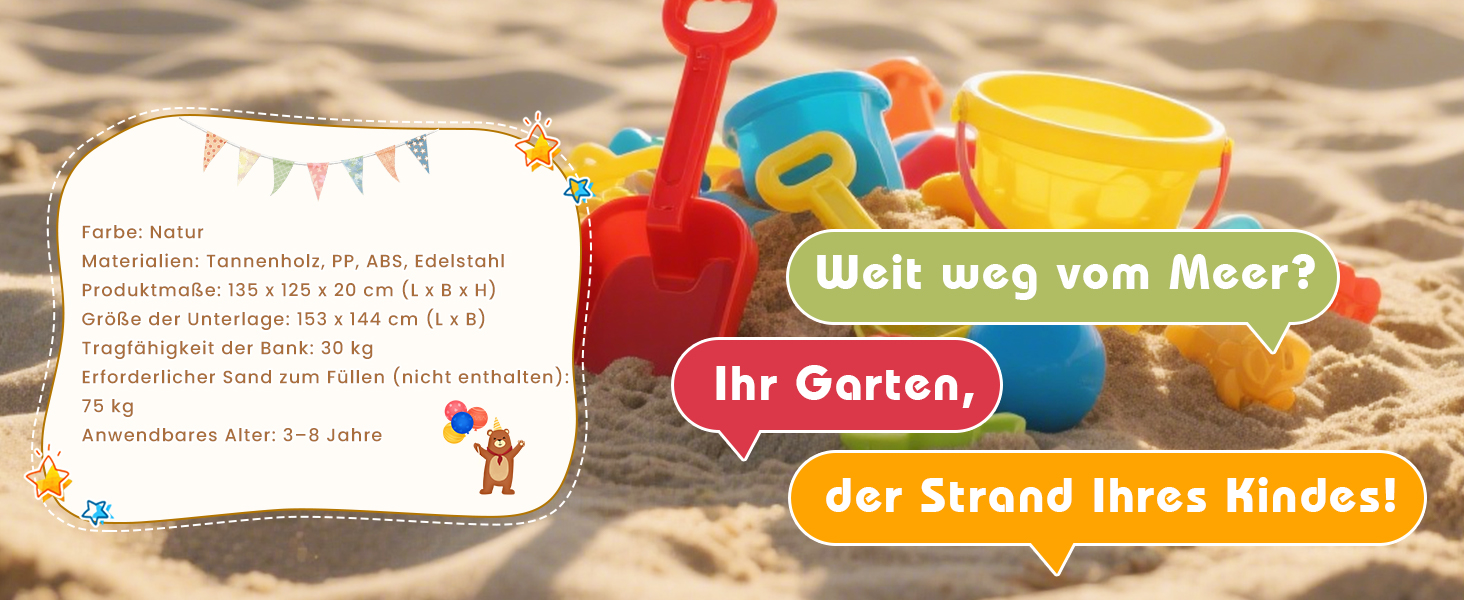 Пісочниця DREAMADE 135x125x20 см з сосни для вулиці: пісочний набір з аксесуарами та лавкою