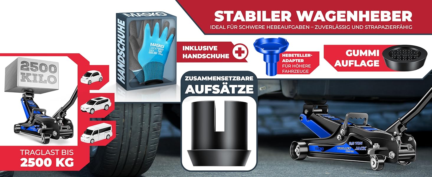 Гідравлічний домкрат MASKO 3T з низьким профілем (85-460 мм) для авто, SUV. З гумовими накладками, роликами 360°, рукавичками. Підставка для ремонту, синій.