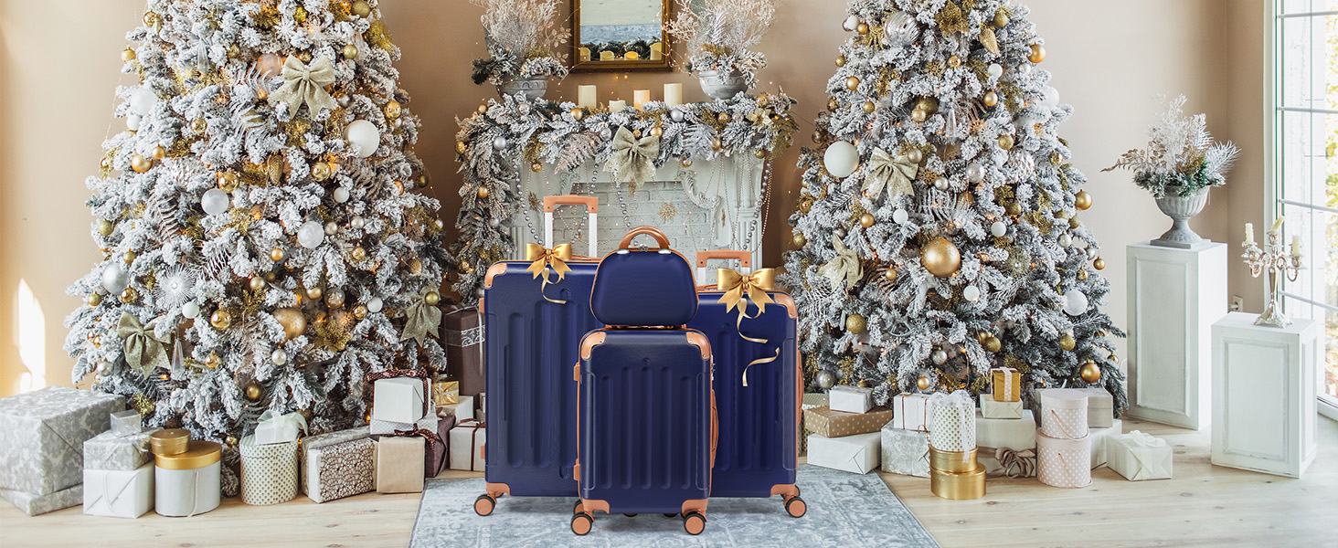 Набір валіз LEADZM 4 шт. з жорстким корпусом, ABS, з колесами, великий, набір валіз з жорстким корпусом, валізи та ролери з косметичкою (темно-синій/коричневий, набір валіз 4 шт. (смужки))