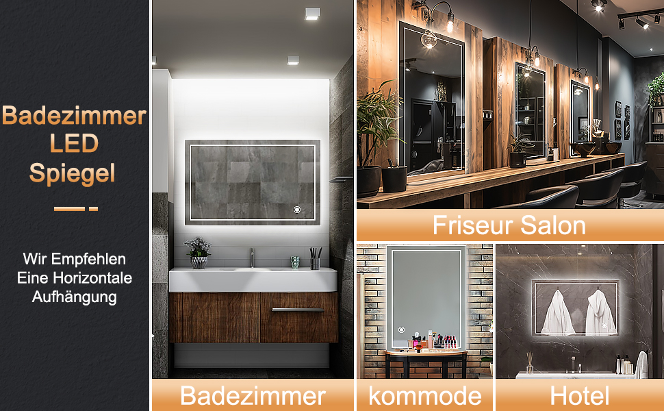 Дзеркало для ванної кімнати з підсвіткою 70x50 см | LED дзеркало | IP54 вологостійке | Сенсорне управління | Настінне дзеркало | Горизонтальна/Вертикальна установка