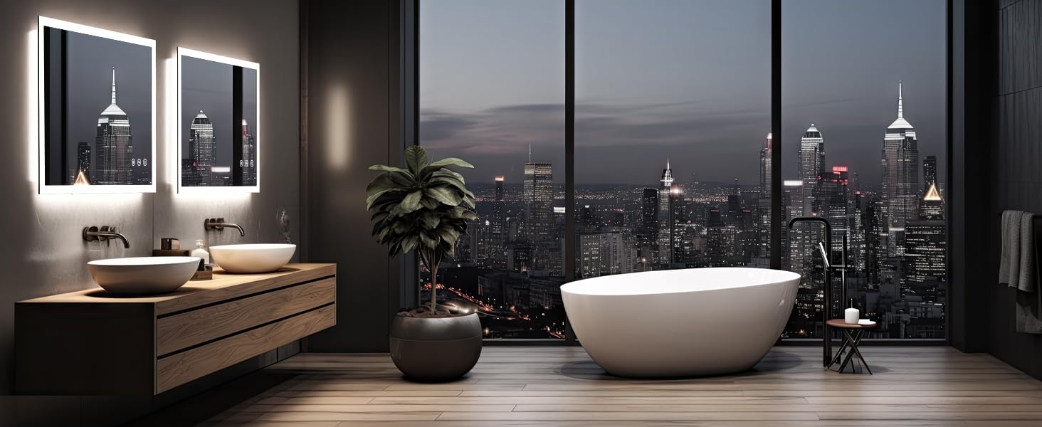 LED дзеркало для ванної кімнати 80x60 см з підсвічуванням, 3 кольори світла, регулювання яскравості, антизапарник, сенсорне керування, пам'ять, IP44, вологостійке