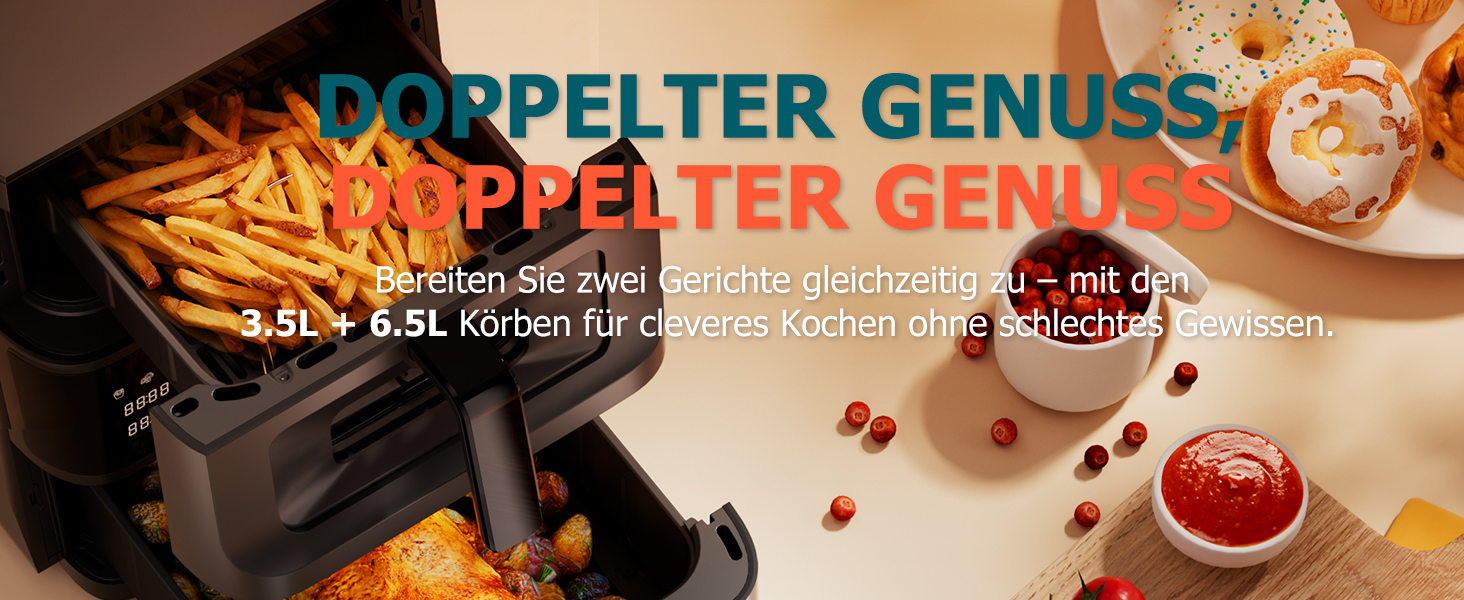 Фритюрниця без олії Heißluftfritteuse з подвійним набором камер 10л з оглядовим вікном, 10-в-1, сенсорне управління, таймер, економна, чорна 3.5л+6.5л