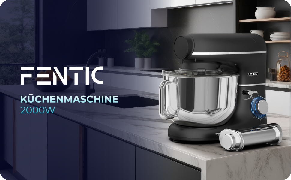 Кухонний комбайн з машиною для пасти – 2000W, електричний, з чашею 6.2L з нержавіючої сталі (чорний)