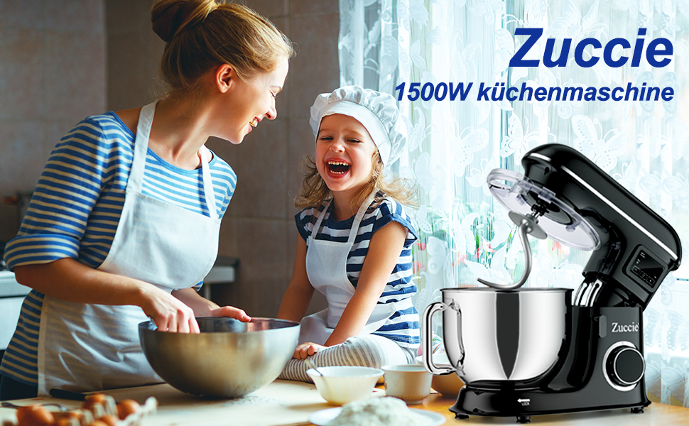 Кухонна машина 1500W 8L з 6 швидкостями, функцією ферментації та LCD-дисплеєм. В комплекті міксер, гак для тіста та вінчик. Чорний колір.