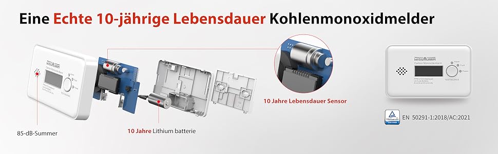 Детектор чадного газу з батареєю на 10 років, CO детектор, сертифікат TÜV, LCD дисплей, кнопка тестування/відключення, EN 50291 (автономний)