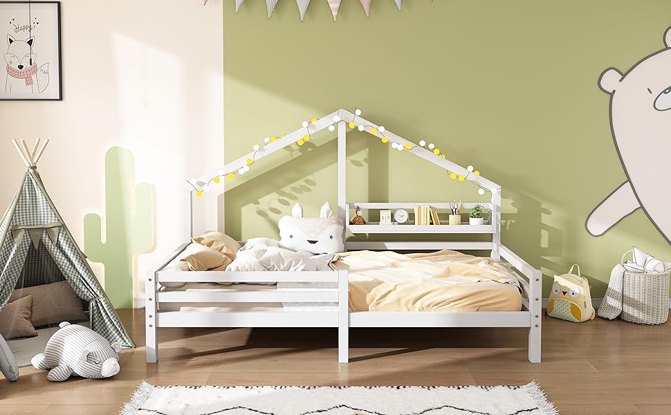 Ліжко дитяче Merax 90x200 см з бортиками, з ящиками та полицею, біле. Стабільне дерев'яне ліжко-будиночок з ламелями. Ігрове ліжко для хлопчиків та дівчаток.