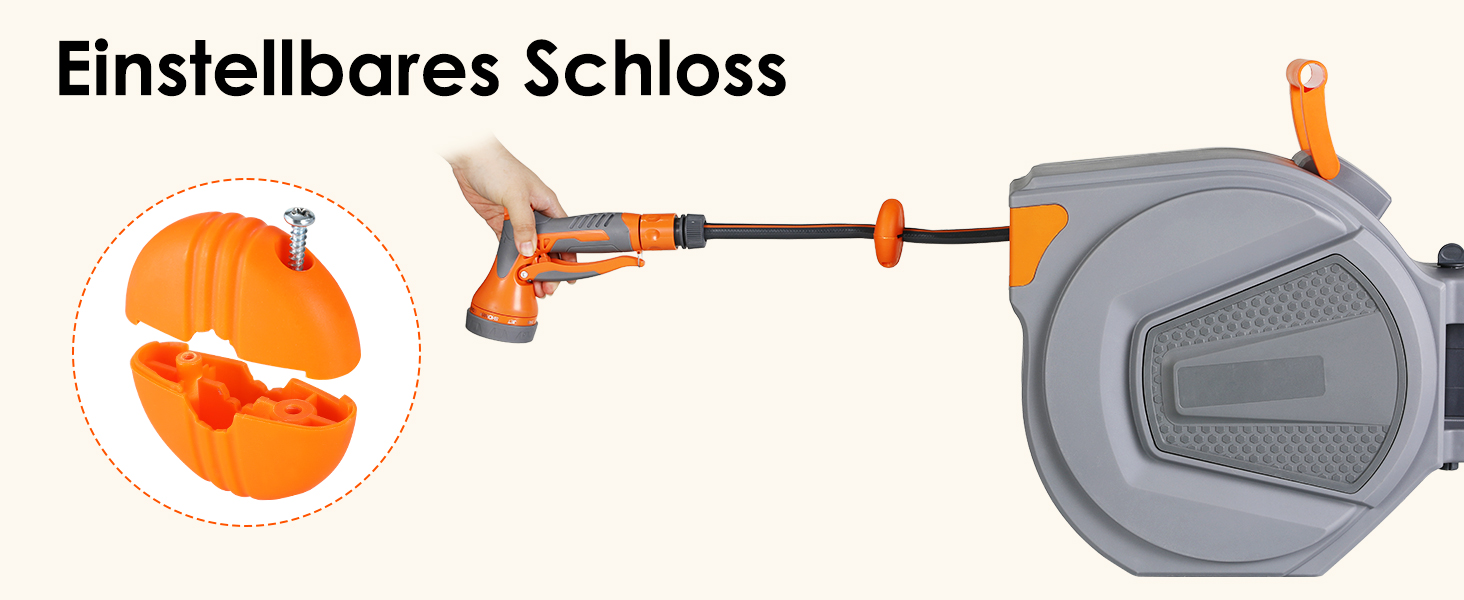 Шланговий барабан з шлангом для саду, настінний, поворотний на 180°, автоматичне змотування, шланговий бокс з ручною лійкою (9 функцій), для поливу, миття авто (сіро-помаранчевий, 20м)