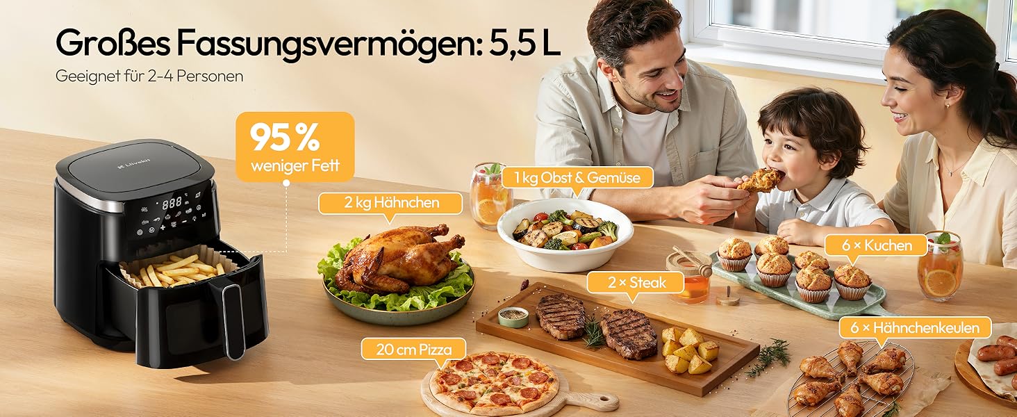 Аерофритюрниця LLIVEKIT 5.5Л 8-в-1 з вікном та підсвіткою, енергоефективна мультипіч для 2–4 осіб, чорна