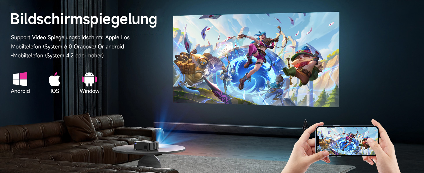 Проектор Beamer для домашнього кінотеатру з Wi-Fi 6 та Bluetooth 5.3, 1080P, 50% Zoom, HDMI/AV/Laptop/iPhone, для використання на вулиці, чорний