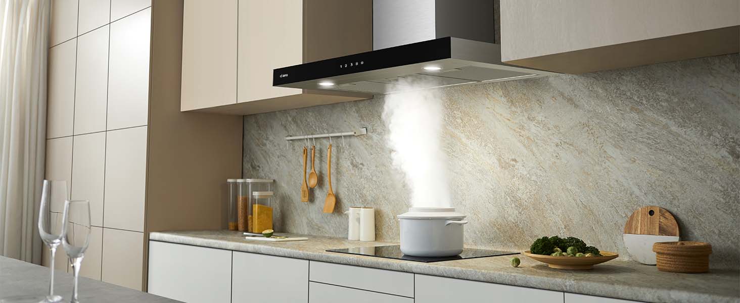Витяжка кухонна CIARRA CBCS9102 A+++ 90 см, нержавіюча сталь, 650 м³/год, з вугільним фільтром CBCF003, сенсорне керування, настінний монтаж