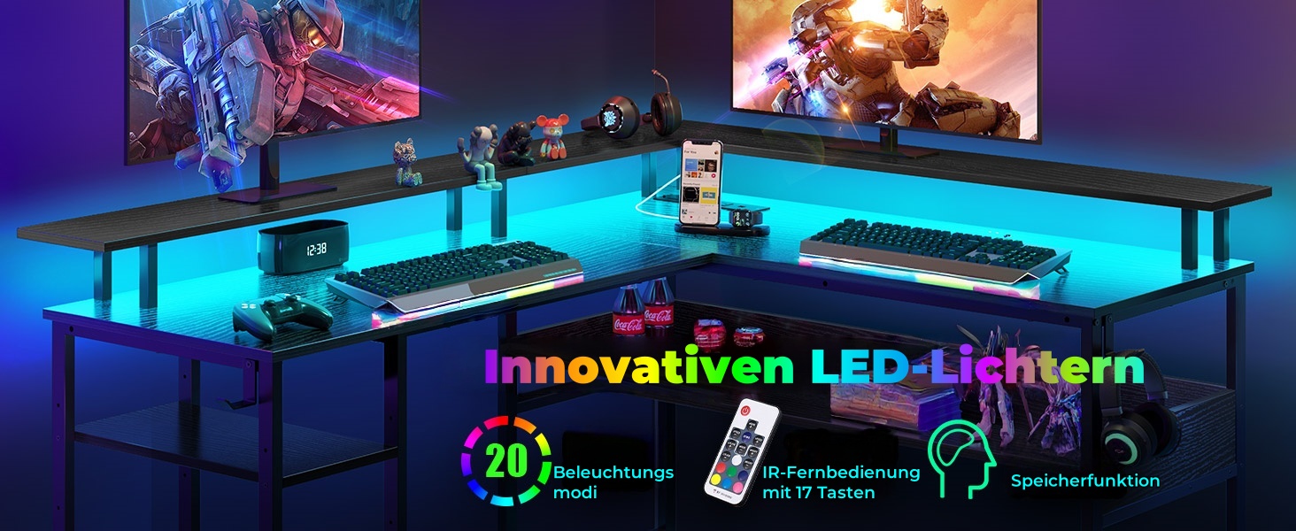 Ігровий стіл Rolanstar L-подібної форми з LED-підсвічуванням та розетками, стіл для геймінгу з підставкою для монітора та полицею, кутовий стіл з 2 гачками, великий комп'ютерний стіл, що змінює положення, для офісу (Vintage, 137 x 108 см) (Чорний)