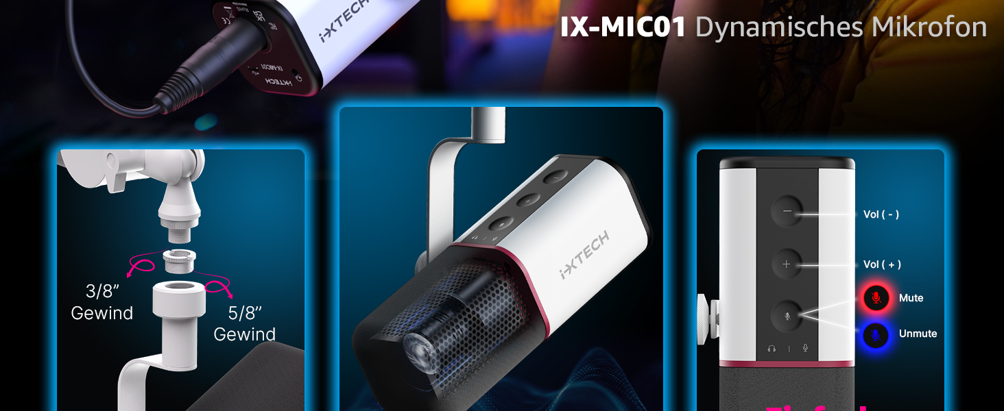 IXTECH Динамічний мікрофон із кардіоїдною діаграмою, RGB підсвітка, USB/XLR, для співу, подкастів, стрімінгу, запису, ігор та озвучування, білий