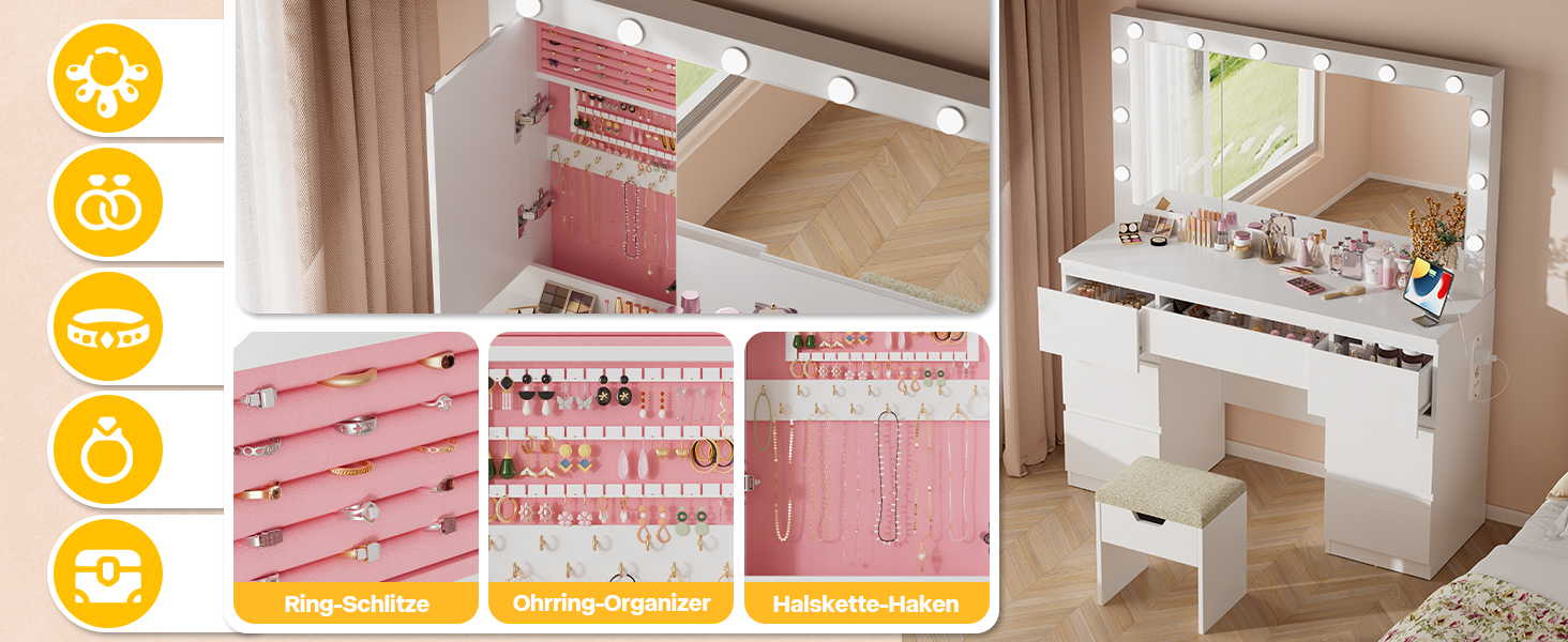 Дзеркальний туалетний столик Airfish з LED-підсвіткою та великим дзеркалом, 120x40x140 см. Туалетний столик з шухлядами та косметичним ящиком для спальні, білий