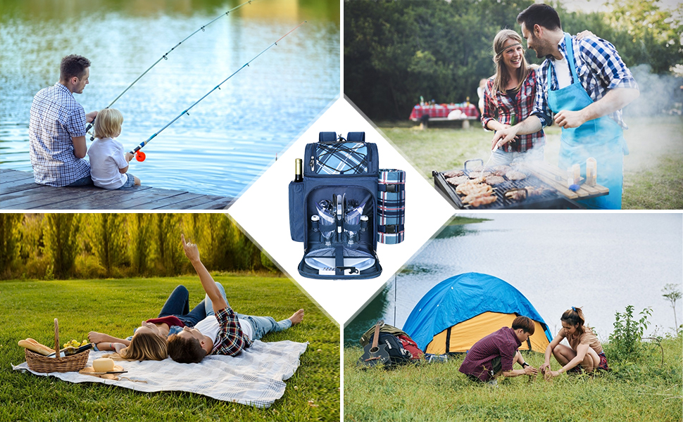 Набір для пікніка Hap Tim на 2 особи з ізольованим холодильником, тримачем для вина, флісовою ковдрою та столовим прибором (EU-36083-BL), світло-блакитний