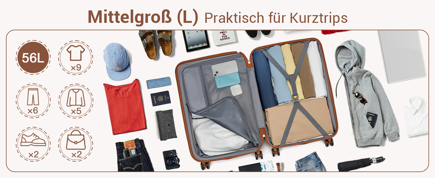 Чемодан KONO Mittelgroß: міцний ABS+PC, 60L, білий/коричневий, з TSA замком