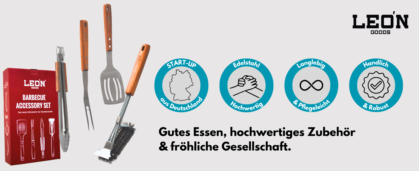 Набір для гриля: щипці, лопатка, виделка, щітка для чищення. Підходить для газових грилів. Подарунковий набір з нержавіючої сталі та акації (4 шт.)