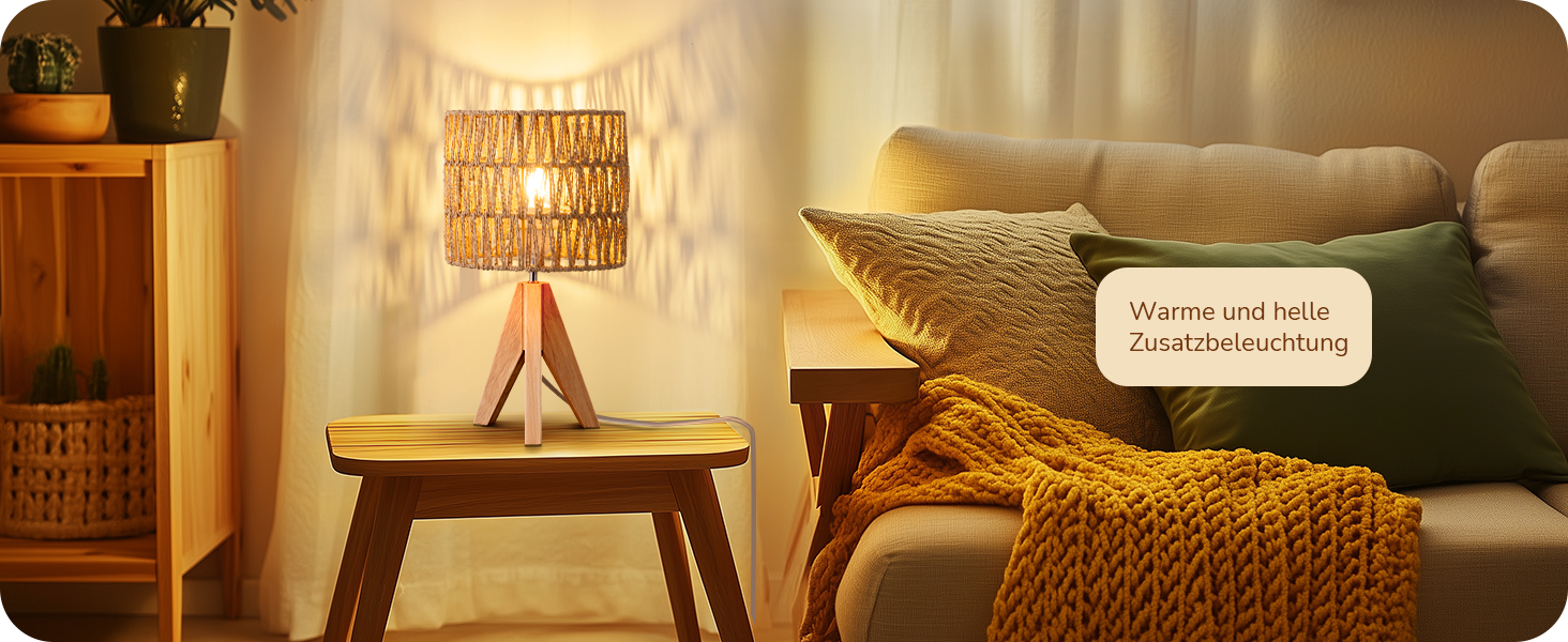 LED настільна лампа EDISHINE з абажуром з ручної роботи, дерев'яною ніжкою, тепле світло 2700K, бохо-стиль, для спальні, вітальні, готелю, з лампочкою E27 4W