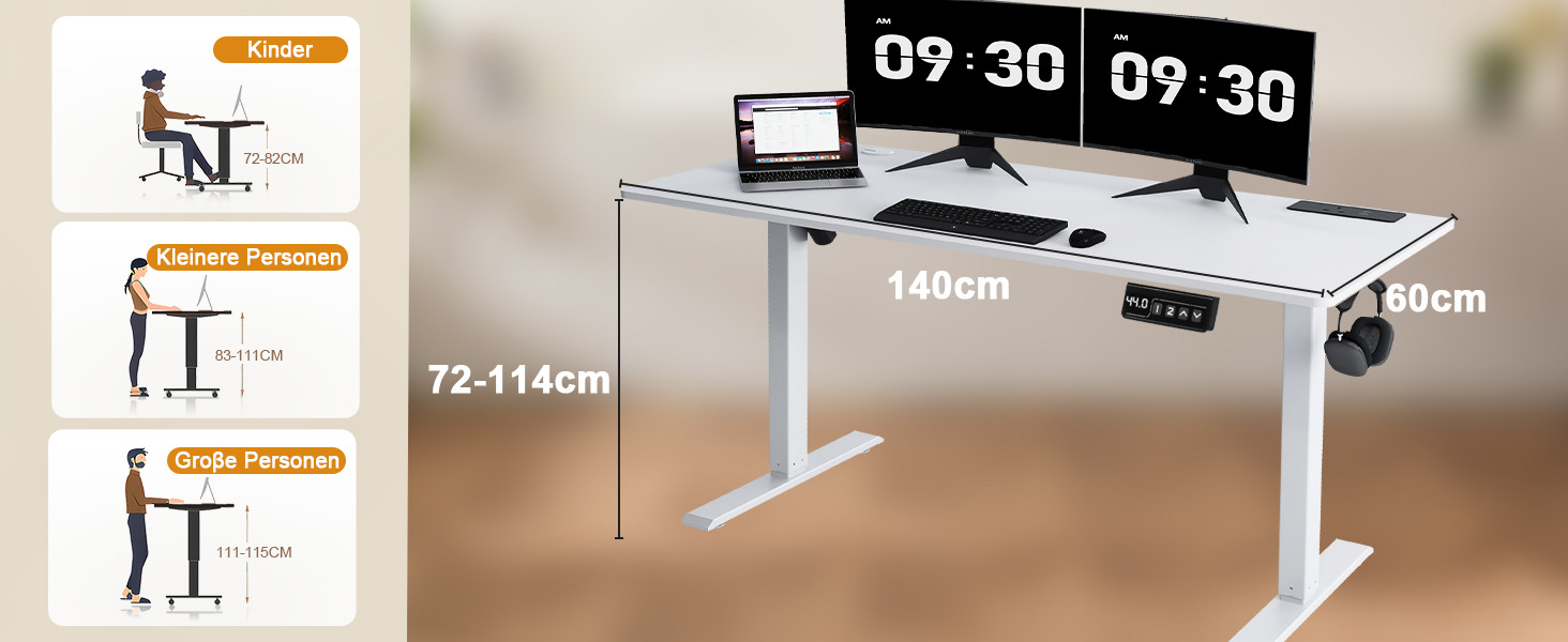 COMHOMA Регульований стіл 160x70 см з USB-роз'ємом та гачками, електричний, для роботи, стоячи/сидячи