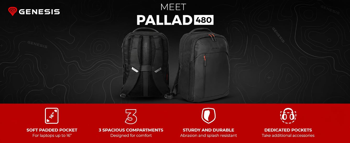 Рюкзак для ноутбука Genesis Pallad 550, 17.3 дюйма, 24 л, 19 кишень, чорний