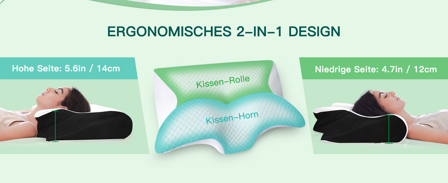 Подушка для шиї з піни Memory Foam 2-в-1, ергономічна, 60x40x12/14 см, чорна. Для спини, боку та живота.