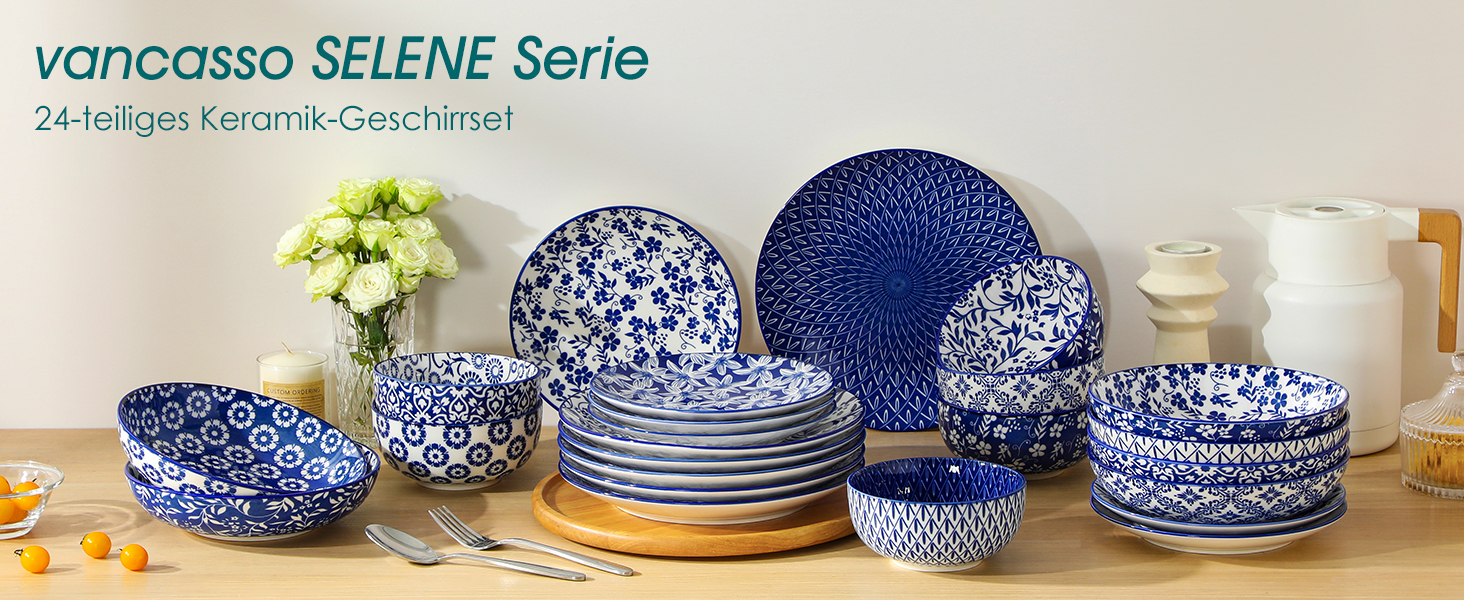 Набір кавових чашок Vancasso Selene, 6 шт., 360 мл, блакитно-білий вінтажний дизайн, для кави, молока, чаю та какао