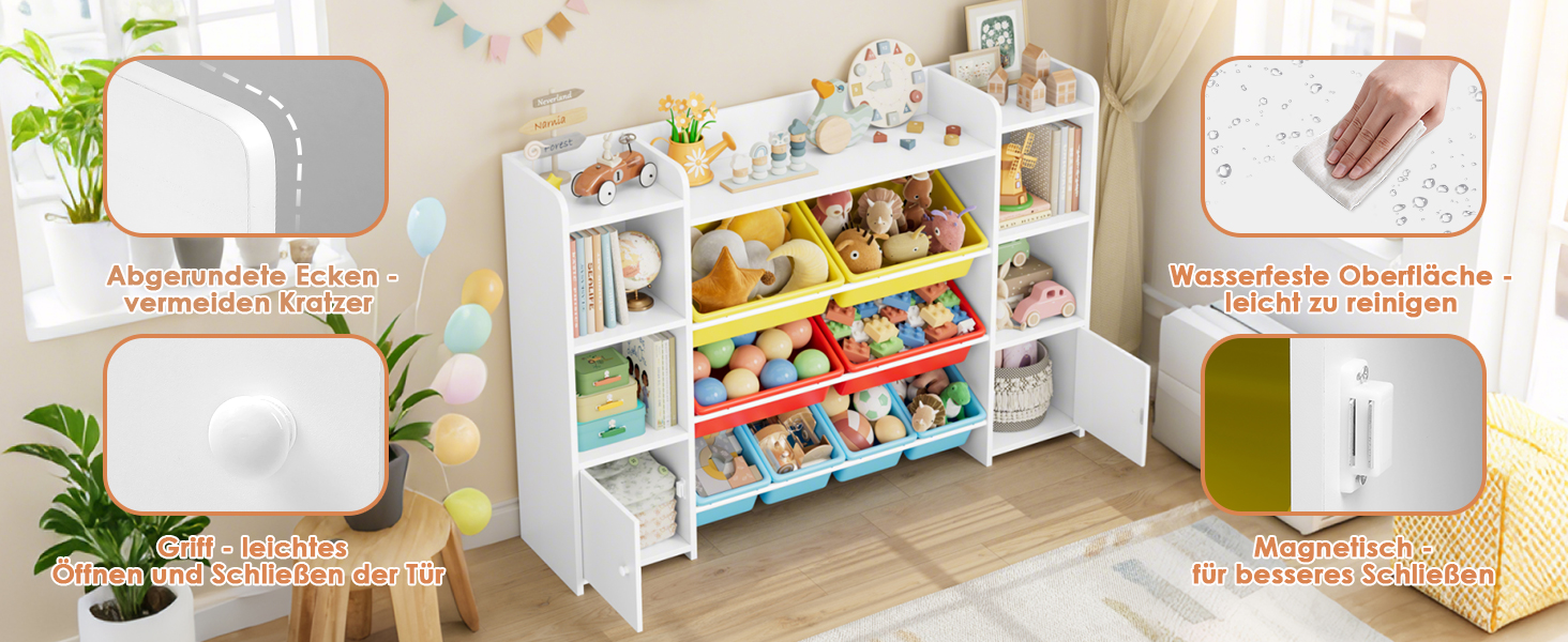 FOREHILL Регульована полиця для іграшок з 8 ящиками, дитячий шафчик, книжкова полиця для дітей, органайзер для іграшок, меблі для дитячої кімнати з іграшковою коробкою, 138,8 x 94,3 x 29,6 см, білий (білий з червоним)