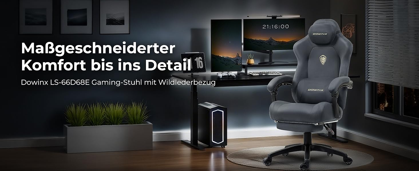 Ігрове крісло Dowinx з масажем попереку, регульованою підголівником, потовщеним сидінням, висувною підніжкою, регульованими підлокітниками, мікрофібровим велюром, нахилом 160°, темно-сіре