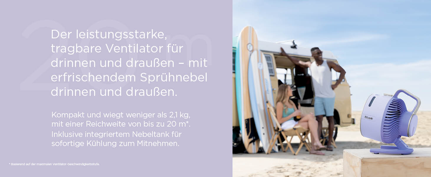 Вентилятор Shark FlexBreeze HydroGo Starker з функцією зволоження, для дому та вулиці, тихий та довговічний, з підключенням до мережі та без, компактний та легкий, струмінь повітря до 20 м, фіолетовий FA050EULV
