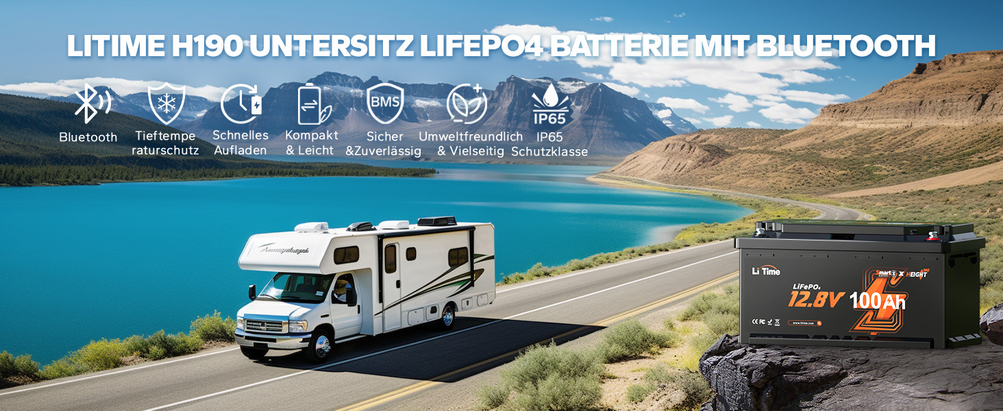 Акумулятор LiTime 12V 100Ah LiFePO4 RV під сидінням Bluetooth і Smart BMS, захист від низьких температур, максимальна кількість циклів 15000 циклів, 100 А BMS, 20,48 кВт-год, заміна свинцево-кислотного матеріалу, ідеально підходить для фургонів 12V100Ah H190 Bluetooth